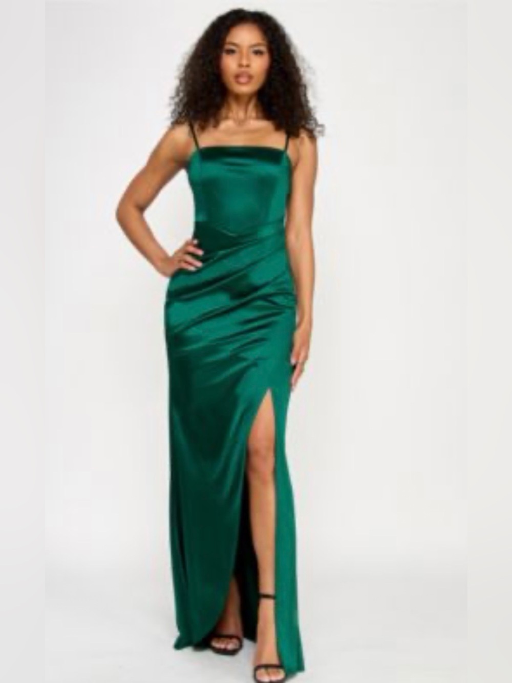 Emerald Sundae NWT Emerald Green Satin Front Slit Maxi Gown S